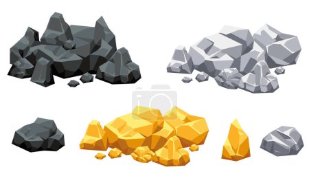 Téléchargez les illustrations : Mine de charbon d'or jeu grotte roche diamant isolé ensemble. Illustration graphique vectorielle plate - en licence libre de droit