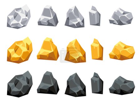 Mina de oro juego cueva roca diamante aislado conjunto. ilustración de diseño gráfico plano vectorial