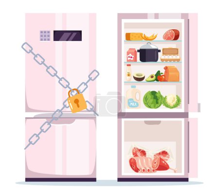 Foto de Cerrado lleno de refrigerador de alimentos con concepto de dieta puerta candado. Ilustración de diseño gráfico vectorial - Imagen libre de derechos