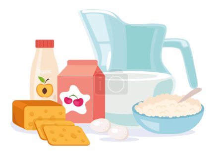 Téléchargez les illustrations : Produits laitiers nourriture repas laitiers manger nutriment concept de petit déjeuner. Illustration graphique vectorielle - en licence libre de droit