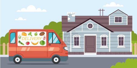 Foto de Camión de reparto de comida furgoneta cerca de puerta casa concepto de dirección. Ilustración de diseño gráfico vectorial - Imagen libre de derechos