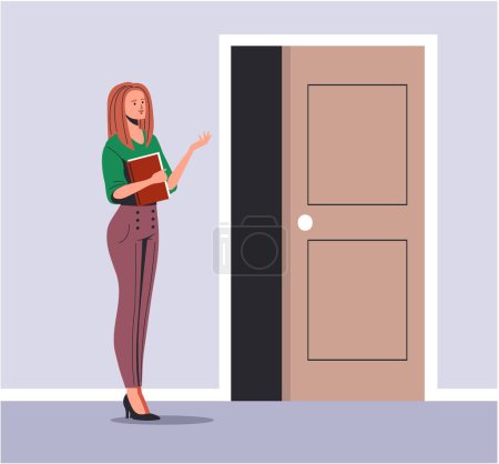 Illustration for Business office people show gesture welcome near open door. Vector graphic design illustration - Royalty Free Image