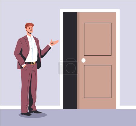 Business office people show gesture welcome near open door. Vector graphic design illustration