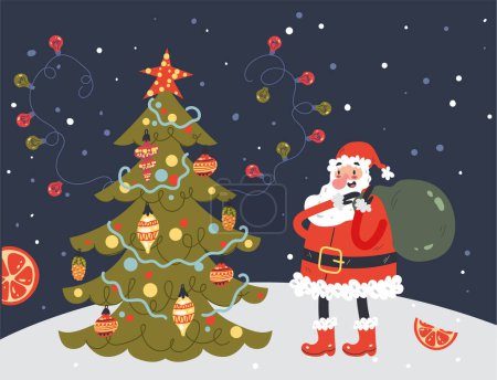 Foto de Santa Claus y árbol de Navidad Año Nuevo cartel postal concepto de vacaciones. Ilustración de diseño gráfico vectorial - Imagen libre de derechos