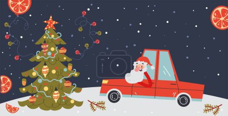 Ilustración de Santa Claus y árbol de Navidad Año Nuevo cartel postal concepto de vacaciones. Ilustración de diseño gráfico vectorial - Imagen libre de derechos