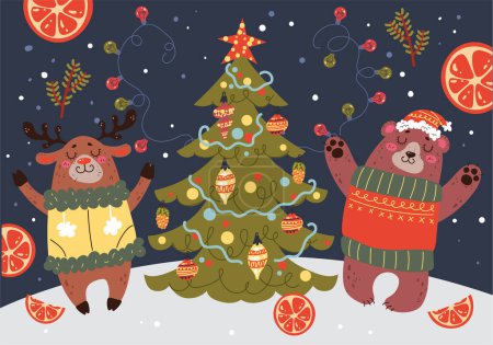 Foto de Bosque lindo animal cerca del árbol de Navidad Navidad Navidad Feliz Navidad Feliz Año Nuevo concepto. Ilustración de diseño gráfico vectorial - Imagen libre de derechos