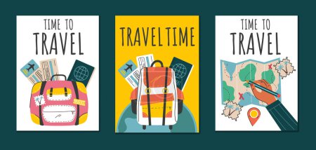 Reisekarte Poster Reise Typografie Broschüre Tourismus Set Sammlungskonzept. Vektor Grafik Design Element Illustration