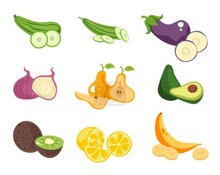 Full and slice fruits and vegetables isolated set. Vector graphic design illustration element