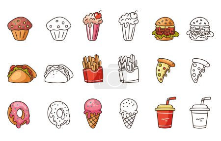 Foto de Aislado sobre fondo blanco conjunto de comida rápida chatarra línea plana de estilo moderno. ilustración de diseño gráfico plano vectorial - Imagen libre de derechos