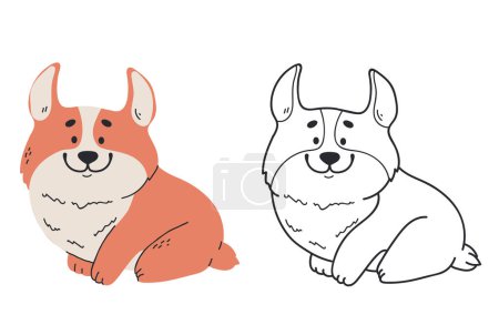 Ilustración de Galés perro corgi lindo cachorro mascota etiqueta engomada línea arte concepto conjunto. Elemento ilustrativo de diseño gráfico vectorial - Imagen libre de derechos