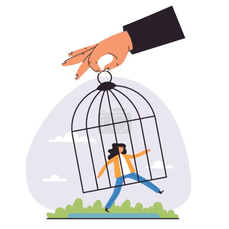 Grosse main tenir la cage à oiseaux et attraper les gens concept isolé. Illustration graphique vectorielle