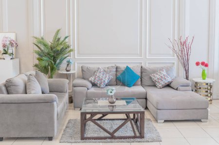 Foto de Sala de estar con sofá gris y plantas - Imagen libre de derechos