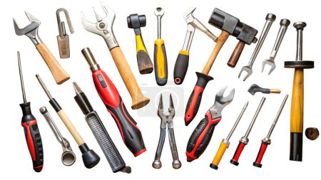 eine Auswahl an Handwerkzeugen, die üblicherweise für Bau-, Reparatur- oder Heimwerkerprojekte verwendet werden