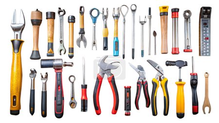 a collection of various hand tools laid out against a white background. These tools include screwdrivers with different tips and handles, pliers of varying sizes, an adjustable wrench, spanners, a claw hammer, a tape measure, and cutting tools