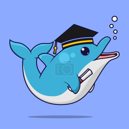 Foto de Dibujo animado lindo delfín en la tapa de graduación y papel de graduación sobre fondo azul - Imagen libre de derechos