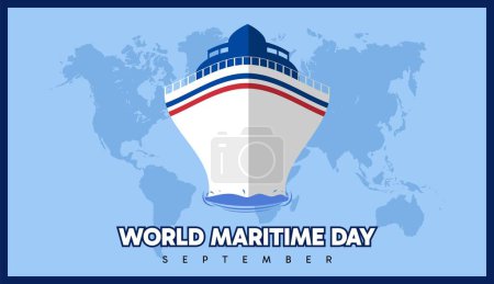 Téléchargez les illustrations : Journée maritime mondiale avec carte du monde et navires de mer - en licence libre de droit