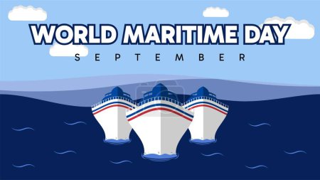 Téléchargez les illustrations : Journée maritime mondiale avec la conception de 3 navires de mer et ciel clair - en licence libre de droit