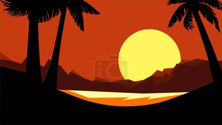 Ilustración de Vista a la playa por la tarde con cocoteros y puesta de sol - Imagen libre de derechos