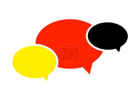 Téléchargez les illustrations : Trois discours de bulle dans les couleurs du drapeau allemand (jaune, rouge et noir) : Apprendre le concept de langue allemande, Icône de club parlant - en licence libre de droit