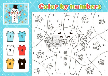 Photo for Christmas number coloring page for kids with cute snowman character and candy cane, printable educational worksheet in cartoon style - Royalty Free Image