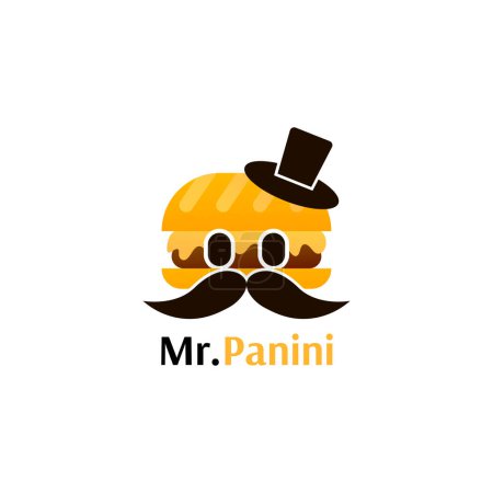 Illustration for Mr Panini logo for fast food brand or delivery company with character face, mascot for sandwich cafe in cartoon style, suitable for restaurant - Royalty Free Image