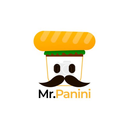 Illustration for Mr Panini logo for fast food brand or delivery company with character face, mascot for sandwich cafe in cartoon style - Royalty Free Image