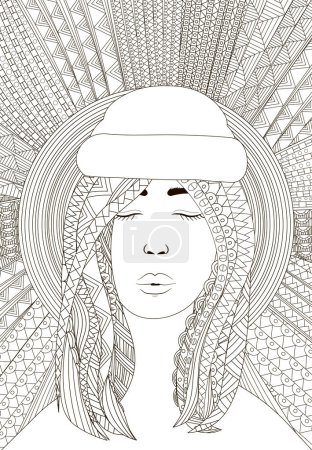 Photo for Coloring page for adults with boho elements pattern and pretty girl, printable background, card design - Royalty Free Image