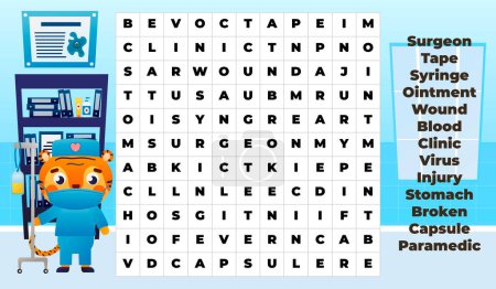 Illustration for Medical word search game for kids with cute tiger doctor character in hospital, funny puzzle for printable worksheets in cartoon style - Royalty Free Image