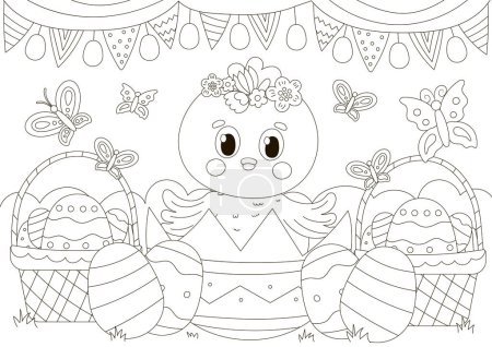 Illustration for Cute coloring page for easter holidays with chick character in egg shell and baskets with eggs and flowers in scandinavian style, printable game for kids, black and white doodle for children - Royalty Free Image