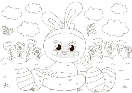 Illustration for Cute coloring page for easter holidays with chick character iwaving wing and flowers in scandinavian style, printable game for kids, black and white doodle for children - Royalty Free Image