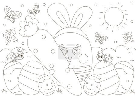 Illustration for Cute coloring page for easter holidays with buuny character holding giant carrot and flowers in scandinavian style, printable game for kids, black and white doodle for children - Royalty Free Image