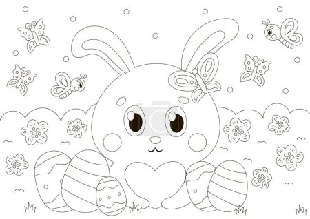Illustration for Cute coloring page for easter holidays with bunny character holding heart and eggs around in scandinavian style, printable game for kids, black and white doodle for children - Royalty Free Image