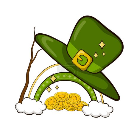 Illustration for Leprechaun trap with hat and coins, illustration for greeting cards on St Patricks Day in cartoon style isolated on white background - Royalty Free Image
