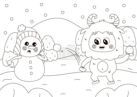 Photo for Funny coloring page with cute Yeti character and snowman playing snowballs fight, winter themed printable activity for kids,black and white doodle for children - Royalty Free Image