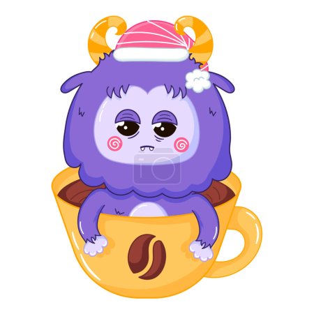 Photo for Funny Yeti mascot character trying to woke up inside coffee cup, sleep, morning themed cute cartoon illustration for children - Royalty Free Image
