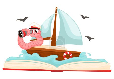 Photo for Cute cartoon book worm character exploring ocean, little earthworm captain sailing boat, reading books concept with kawaii mascot - Royalty Free Image