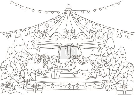 Christmas coloring page with merry-go carousel with christmas decorations and trees for kids and adults, new year themed outline art for postcard design, winter holiday fair printable activity