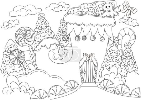 Photo for Christmas elf boot house with chritmas sweets and gingerbread man and lollipops coloring page for kids and adults, new year themed outline art for postcard design, winter holiday printable activity - Royalty Free Image