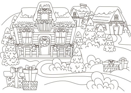 Photo for Christmas village coloring page for kids and adults with gifts and christmas tree and wreath, new year themed outline art for postcard design, winter holiday printable activity - Royalty Free Image