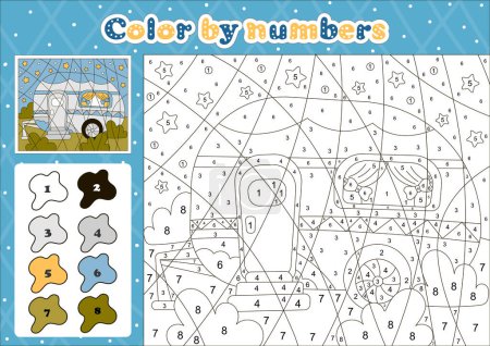 Photo for Car themed coloring page by number for kids with cute camping vehicle at night background, printable educational worksheet in cartoon style - Royalty Free Image