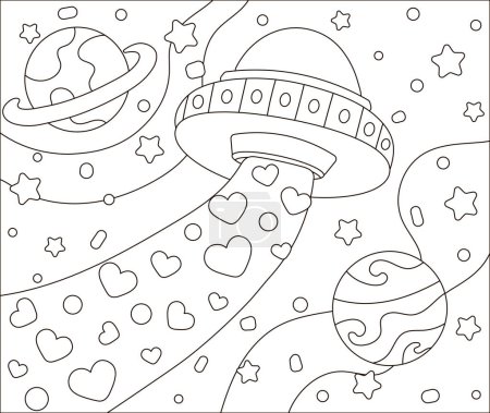 Photo for Space love themed coloring page for kids with cute spaceship with heart shapes flying around at night background, printable educational worksheet in cartoon style - Royalty Free Image