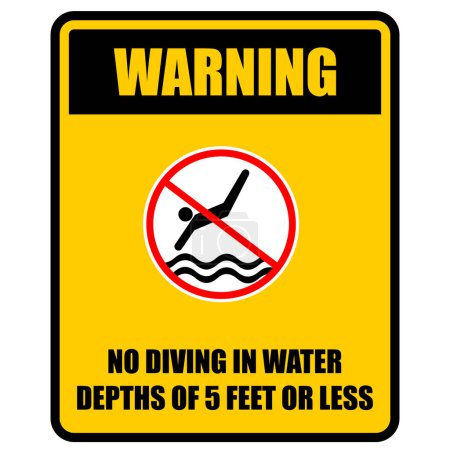 Warning, No Diving in water depths of 5 feet or less, sticker label