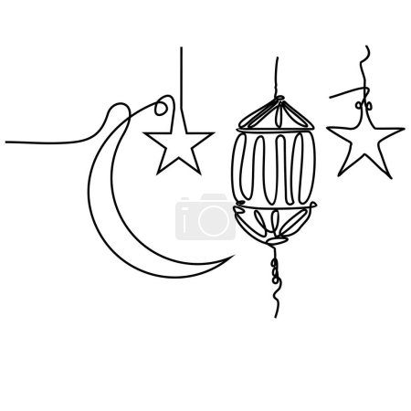 Laterne, Halbmond und Stern, Ramadan Kareem, eine durchgehende Linienzeichnung