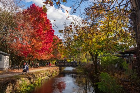 Foto de Lambertville, NJ, Estados Unidos - 5 de noviembre de 2022: Vistores recorren los senderos del Sendero del Canal de Delaware durante un cálido día de otoño mientras los árboles muestran su follaje otoñal. - Imagen libre de derechos