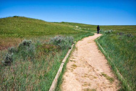 Foto de Crow Agency, MT, Estados Unidos - 23 de junio de 2022: Visita turística Little Bighorn Battlefield, Monumento Nacional. El sendero Deep Ravine es un sendero de ida y vuelta de 1 / 2 milla que recorre la cuenca de Last Stand Hill. - Imagen libre de derechos