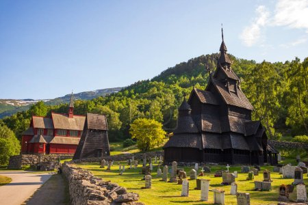 Photo for The restored Borgund Stave Church located in Vestland county, Norway, was built around 800 years ago. The church is photographed on a summer evening on a cloudless day. - Royalty Free Image