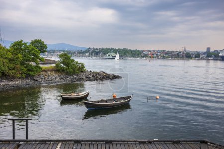Foto de Naves acuáticas atracadas a lo largo de las costas de la península de Bygody, ubicadas en el Oslofjord Interior en la ciudad de Oslo, Noruega, durante un día nublado. - Imagen libre de derechos