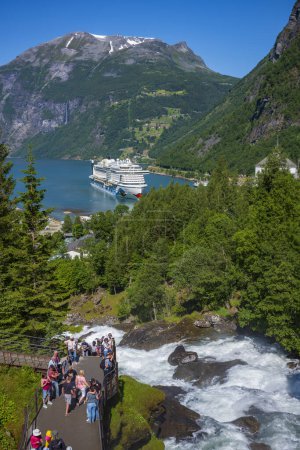 Geiranger, Norway, June 26, 2023: The Waterfall Walk is a series steps, plateaus and viewpoints, and a close view of Storfossen Waterfall, that runs from Geiranger center up to Norwegian Fjord Center.