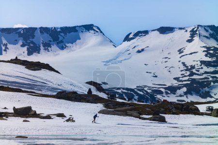 Téléchargez les photos : Parc national de Jotunheimen, Norvège, 25 juin 2023 : Les skieurs de fond skient sur les pistes du parc populaire au large de la route Sognefjellsveien, est la plus haute route de col de montagne en Europe du Nord. - en image libre de droit