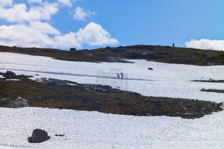 Téléchargez les photos : Parc national de Jotunheimen, Norvège, 25 juin 2023 : Les skieurs de fond skient sur les pistes du parc populaire au large de la route Sognefjellsveien, est la plus haute route de col de montagne en Europe du Nord. - en image libre de droit